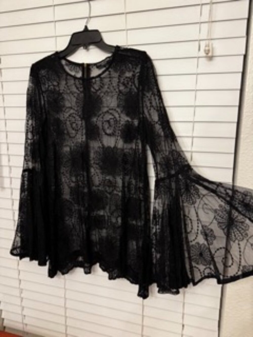 Black Sheer Embroidered Flare Sleeve Whimsigoth Dress Tunic L Witchy Indie Goth